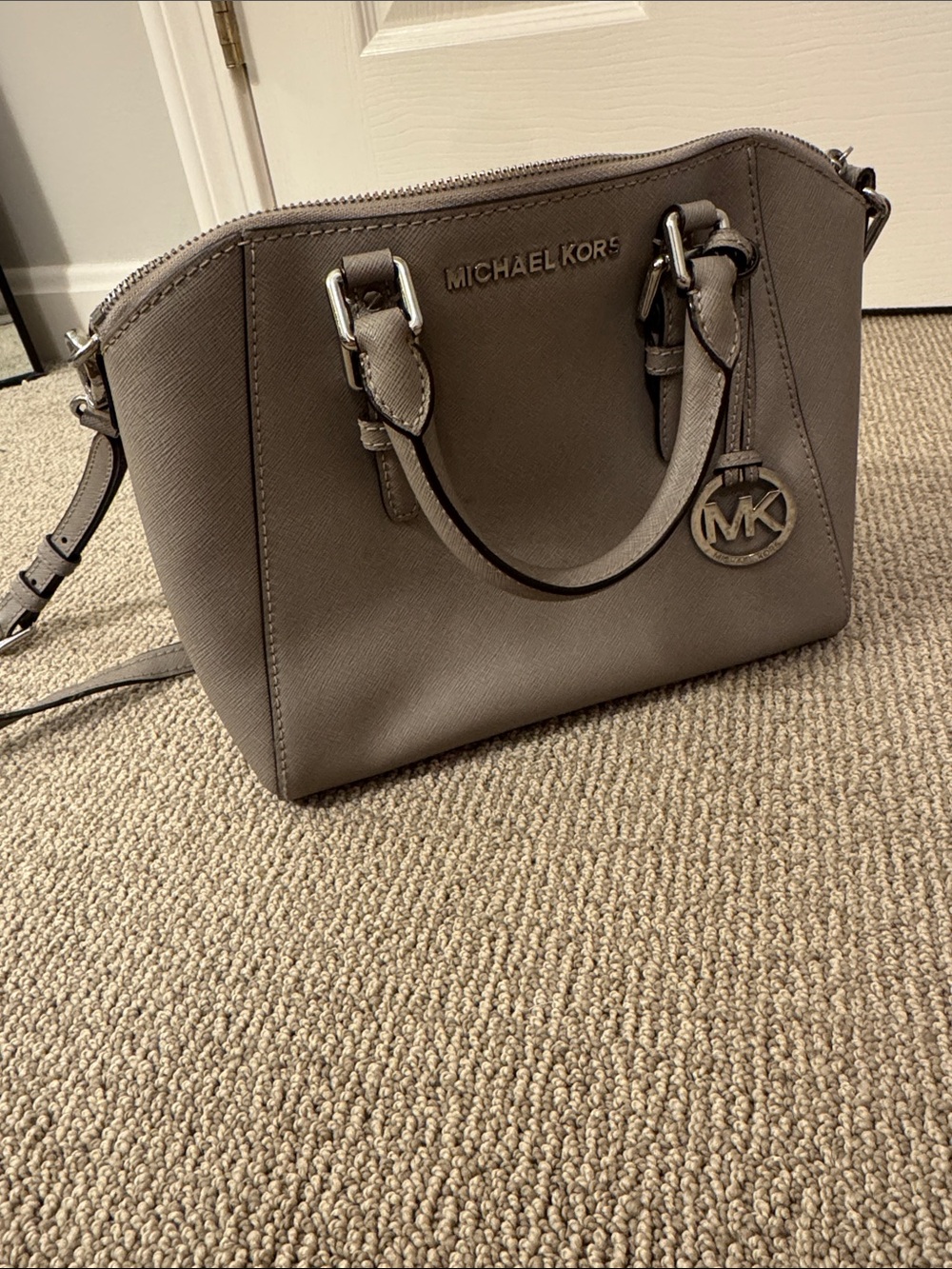 Michael Kors Gray Saffiano Leather Satchel with MK Charm